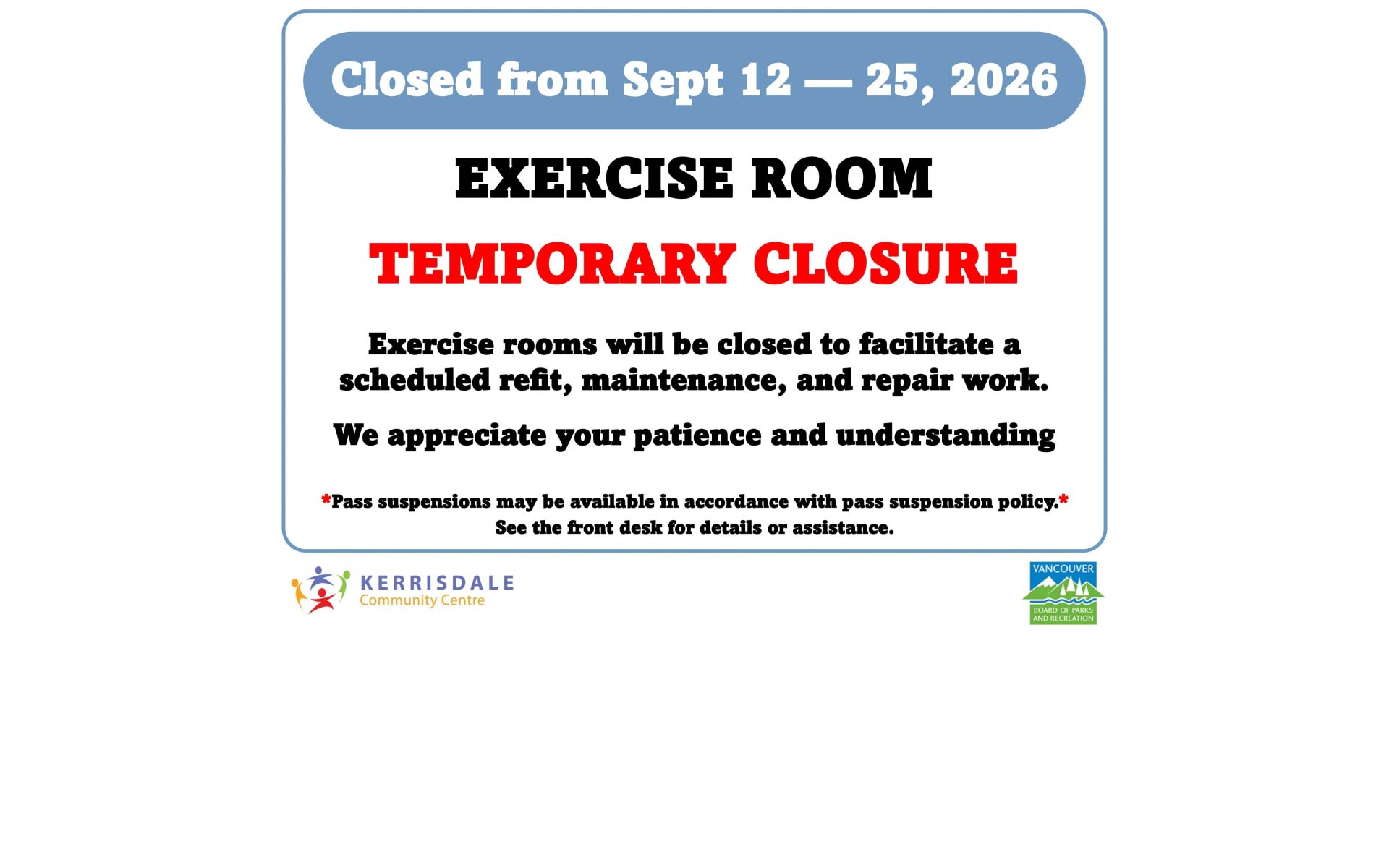 Exercise Room Temporary Closure