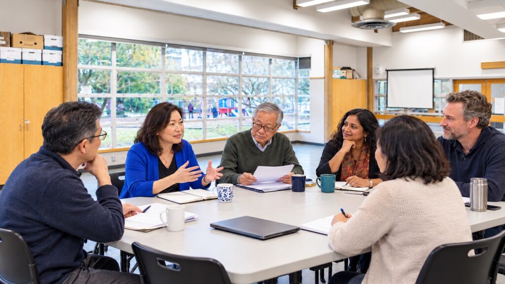 Six neighbours talk around a meeting table in a bright community centre room with tall windows.