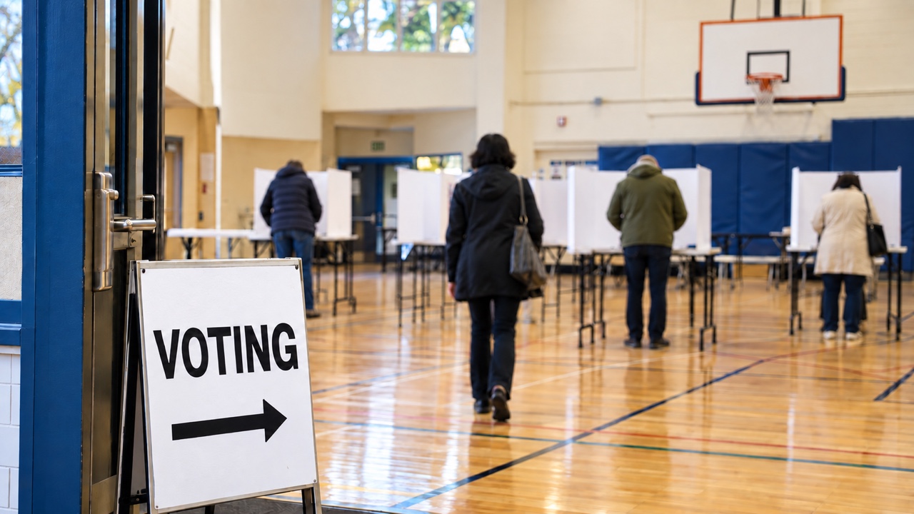 A voting sign at the open doorway of a gym set up with voting booths, with people walking toward the booths.