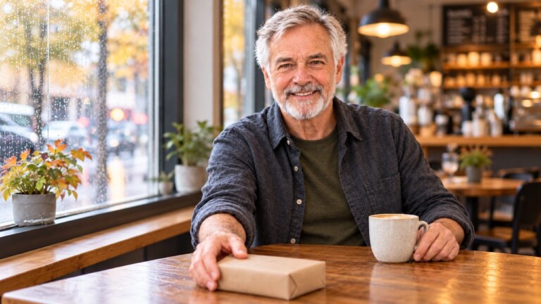 A smiling older man sits at a café table by a rainy window, sliding a small wrapped parcel forward, with a cup of coffee beside him.